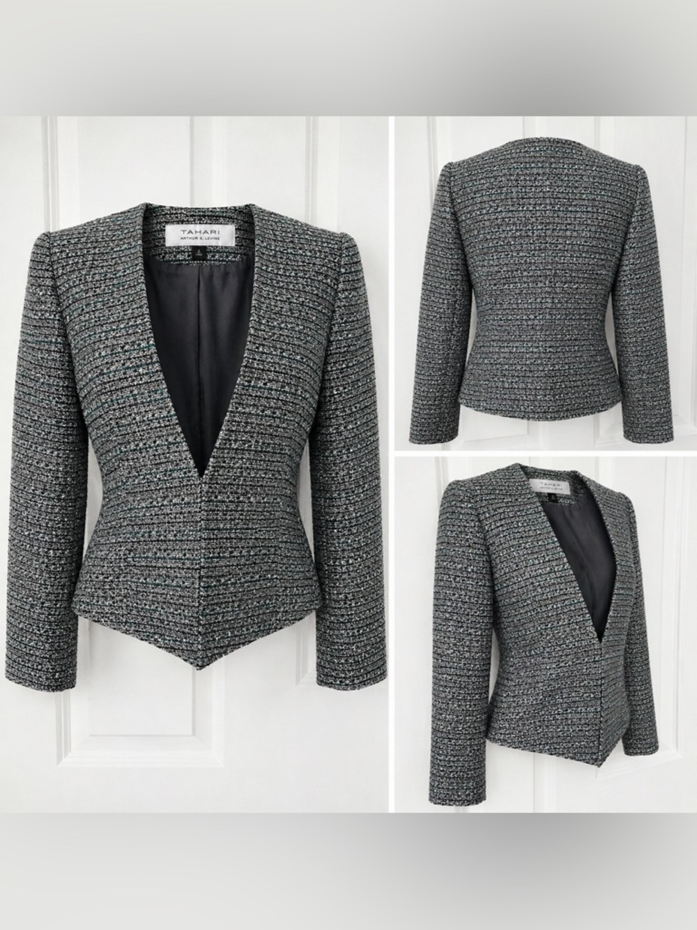 Tahari Arthur S. Levine Metallic Tweed Blazer – Size 2 – Green/Gray